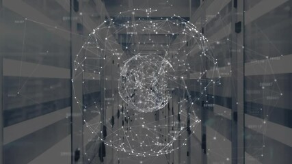 Poster - Network materializing rotating sphere emitting pulsing torus ring in server aisle visualizing data