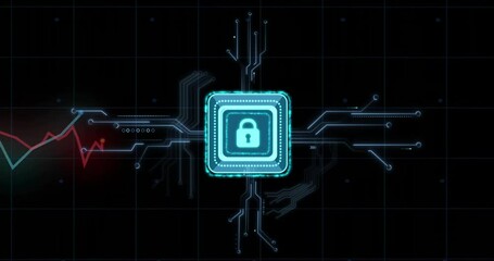 Poster - Module pulsing lighting traces, graphs oscillating and data pulses traveling visualizing security