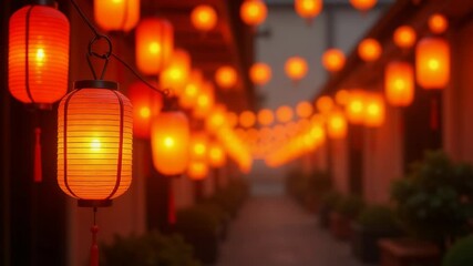 Poster - Row of red lanterns attached to the side of a building, can be used for decoration or architecture stock photos.