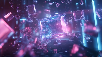 Poster - A holographic logo composed of fragmented digital shapes, glowing softly in a sleek, dark space