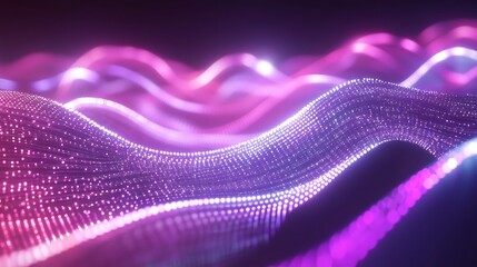 Poster - A holographic logo composed of interconnected digital lines, glowing with soft, ambient light in a dark environment