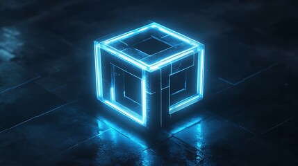 Poster - A holographic logo composed of intersecting transparent rings, with light beams passing through in a dark setting