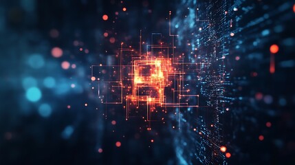 Poster - A holographic logo composed of abstract digital elements, glowing softly against a dark backdrop