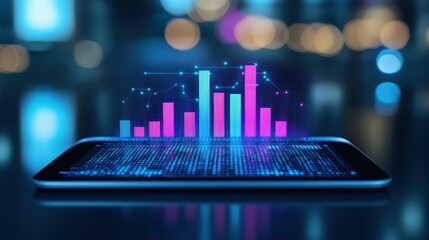 Poster - A digital tablet displaying a rising bar graph, symbolizing growth and success in business and finance concepts.