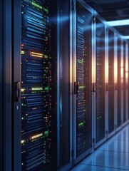 Poster - A modern server rack illuminated in a high-tech data center environment.