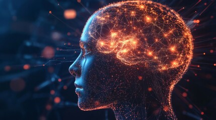 Poster - Profile of human head with glowing brain connected by neural networks and flowing data streams representing artificial intelligence, machine learning, and digital mind technology concepts