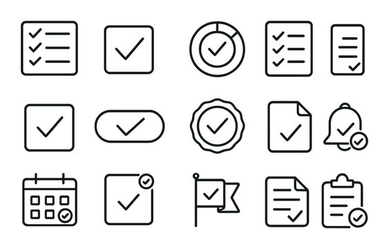 Checkbox set. task management linear icons. check, list, calendar, flag, notification vector icons.