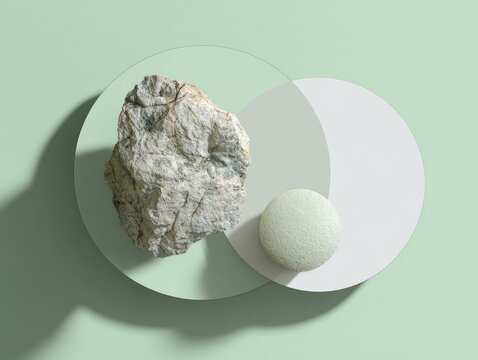 Light green backdrop with a textured rock and a light-colored sphere