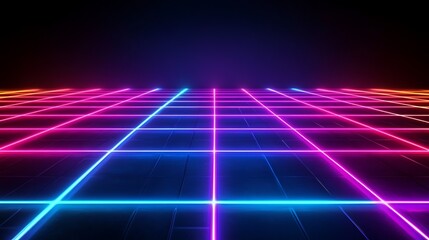 Poster - A holographic logo with a translucent, layered design, surrounded by digital light trails and particles