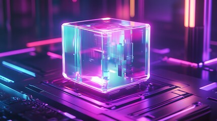 Poster - A holographic logo with a translucent, layered design, glowing softly in a dark, high-tech room