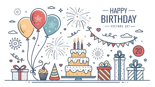 Vector Set of Illustration Happy Birthday Concept. Line Art Style Background Design for Web Page, Banner, Poster, Print etc. Vector Illustration.