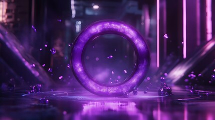 Poster - A holographic logo with digital particles forming around it, glowing in a sleek, high-tech room