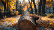 © Erika - un arbol o un tronco de un arbol caido cortado sobre hojas secas en un parque o en medio del bosque material de madera al aire libre en la naturaleza con espacio de copia