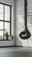 Poster - A chic fireplace suspended from the ceiling adds warmth to a contemporary room filled with natural light and plants