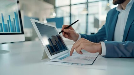 Poster - Detailed analysis of graphs and data trends while utilizing digital tools in a contemporary office environment