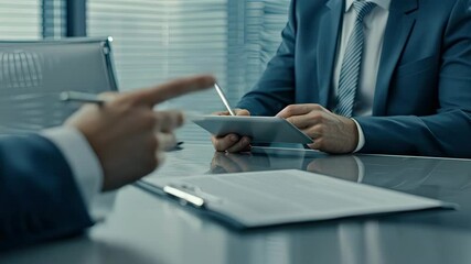 Poster - Two professionals are engaged in a business discussion, utilizing digital tools for efficient document management in a corporate setting