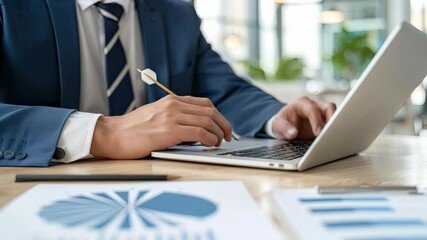 Poster - A business professional focused on data analysis, working on a laptop with graphs and charts nearby in a modern office setting