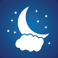 Poster - Moon and stars icon. This monochrome hand-drawn illustration depicts a crescent moon around by numerous stars and cloud. Night icon of the moon, stars and cloud on gradient background.