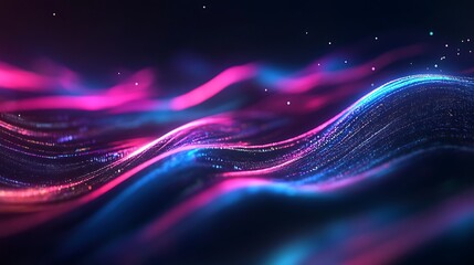 Poster - A holographic logo with smooth, flowing lines, glowing softly in a dark, digital space