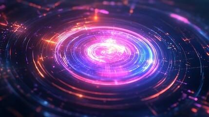 Poster -  A rotating holographic logo with smooth, curved edges, floating in a sleek, dark room with ambient light