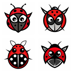 Poster - Four cartoon ladybug faces with different expressions and designs on a white background display image