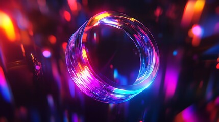 Poster - A rotating holographic logo with smooth, flowing curves, surrounded by concentric circles of light