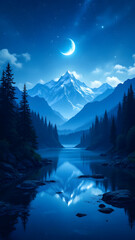 Wall Mural - Serene Nightscape: A crescent moon hangs above a tranquil mountain lake, its reflection mirroring the majestic snow-capped peaks and dark evergreen forests in a serene nightscape.