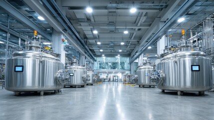 Poster - Large stainless steel tanks are arranged in a spacious industrial facility designed for chemical processing. The area is well-lit, highlighting the clean, sterile environment.