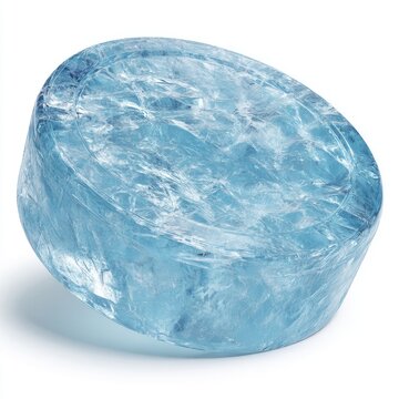 Light blue, circular, glassy object, resembling ice or a crystal