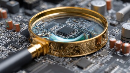Poster - A magnifying glass focuses on a microchip set amidst various electronic components on a circuit board, showcasing detailed examination in a technology setting.