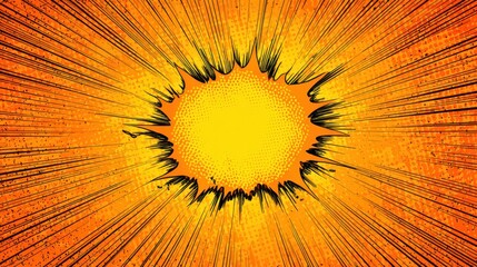 Poster - a striking explosion graphic features a bright yellow center with radiating orange and black lines, 