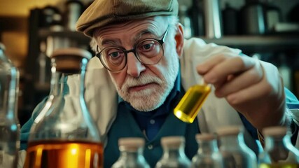 Poster - Scientist examines liquid samples in laboratory, focusing on experiment with precision and care, scientist is looking at the liquid in the tube