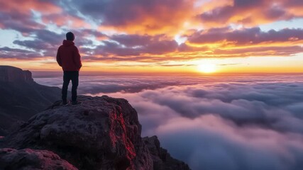 Poster - Cloudy sunrise time lapse from a mountain peak above the clouds showing vibrant colors and a serene landscape, Amazing cloudy sunrise time lapse