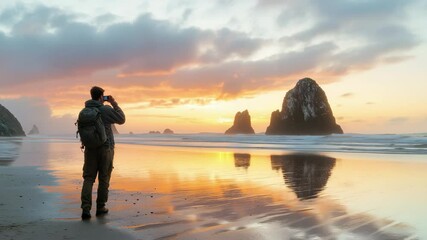Poster - Man walks along a sandy beach at sunset, capturing the serene beauty of nature and its reflections, Man walking on beautiful sandy beach at sunset stops to take a video of view