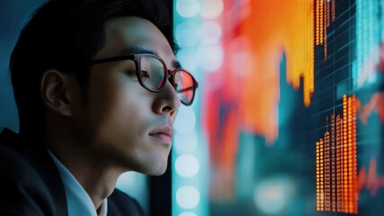 Poster - Businessman focuses on analyzing financial data in a modern office environment at night, close up business man analyzing financial data
