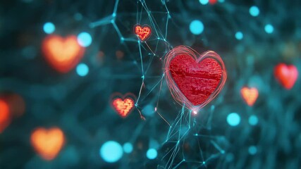 Poster - Network of digital connections with heart icons symbolizing relationships and communication in a virtual environment, network of connections with digital icons floating over heart rate monitor