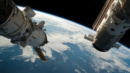 Poster - Spacecraft docking in orbit around Earth with beautiful view of planet and clouds, the spacecraft is docking in space in the orbit of the planet