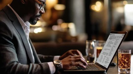 Poster - Businessman focused on laptop writing notes in modern office during evening hours, close up businessman using laptop and making notes in Notepad
