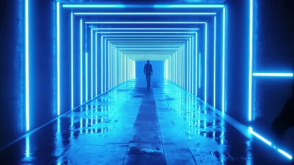 Poster - Glowing blue neon stripes create a striking abstract atmosphere in a modern corridor, Blue neon glowing stripes abstract modern motion background