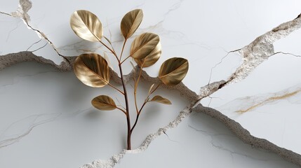 Poster - Golden leaves rest on a white cracked surface, illuminated by soft shadows and studio lighting, capturing a serene minimalist aesthetic