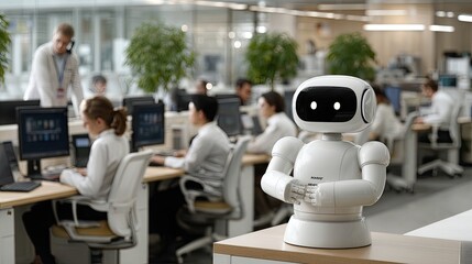 Poster - Customer support happens at a desk with an AI robot agent using computers and phones in a sleek grey office atmosphere