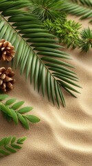 Poster - A serene setting showcases palm leaf shadows on sand, perfect for highlighting summer-themed products in a beige aesthetic