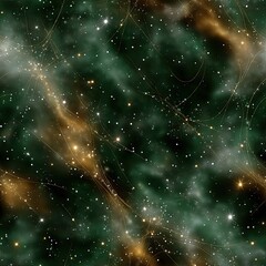 Poster - Discover a captivating blend of green and gold tones with bokeh lights, featuring an abstract forest and a mesmerizing starry sky SEAMLESS PATTERN