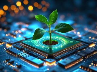 Wall Mural - Vibrant Green Sprout Emerging from a Technological Circuit Board Green Leaves Technology Nature Growth