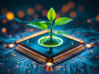 Wall Mural - Vibrant Green Sprout Emerging from a Glowing Circle on a Dark Blue Circuit Board Technology Background
