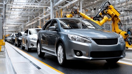 Poster - Robotic arms and equipment work seamlessly to produce car exterior parts in a bright, clean industrial space without human presence