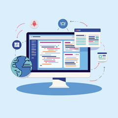 computer screen displaying colorful coding snippets with a blue background and various icons