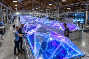 Poster - Workers assembling illuminated triangular structures in a spacious engineering facility