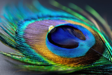 Poster - Vibrant peacock feather with a droplet resting upon it in natural light