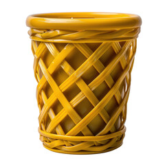 Poster - Vibrant yellow woven basket with unique lattice design, perfect for adding pop of color to any space. This decorative piece combines functionality and style, making it ideal choice for organizing